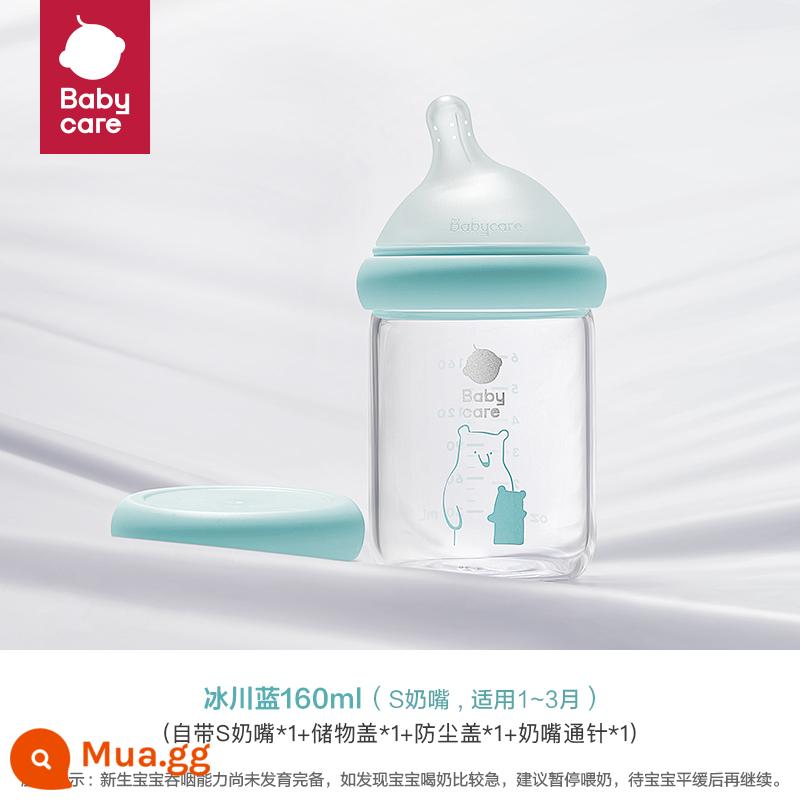 bình sữa thủy tinh nghiêng đầu babycare cho bé sơ sinh từ 0 đến 6 tháng tuổi trở lên giả sữa mẹ chống đầy hơi chống sặc - Glacier Blue 160ml (Núm vú giả S, thích hợp cho bé 1-3 tháng)