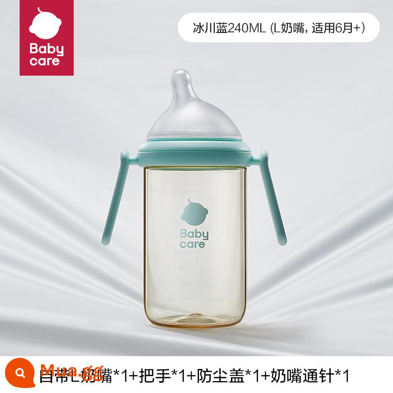 Bình bú cổ cong babycare cho bé sơ sinh từ 6 tháng đến trên 1 tuổi Ống hút PPSU mỏ vịt chống đầy hơi - Glacier Blue 240ml (núm vú L, thích hợp cho bé 6~12 tháng)