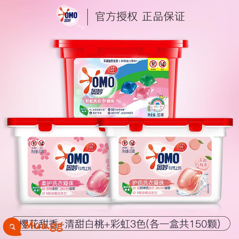 Nước giặt OMO Nước giặt đậm đặc Dew Ball Hương thơm bền lâu, diệt sạch vi khuẩn và ve 3 trong 1 Thương hiệu tích cực Official Flagship Store - Vị ngọt hoa anh đào + đào trắng ngọt ngào + ba màu cầu vồng (mỗi hộp 150 chiếc)