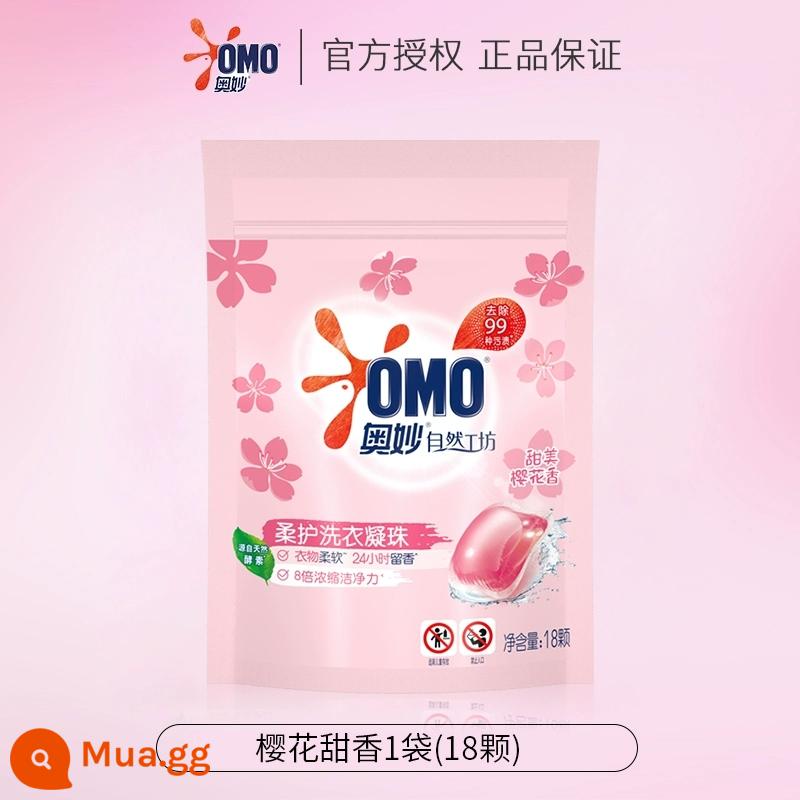 Nước giặt OMO Nước giặt đậm đặc Dew Ball Hương thơm bền lâu, diệt sạch vi khuẩn và ve 3 trong 1 Thương hiệu tích cực Official Flagship Store - Hương thơm ngọt ngào Sakura 1 túi (18 miếng).