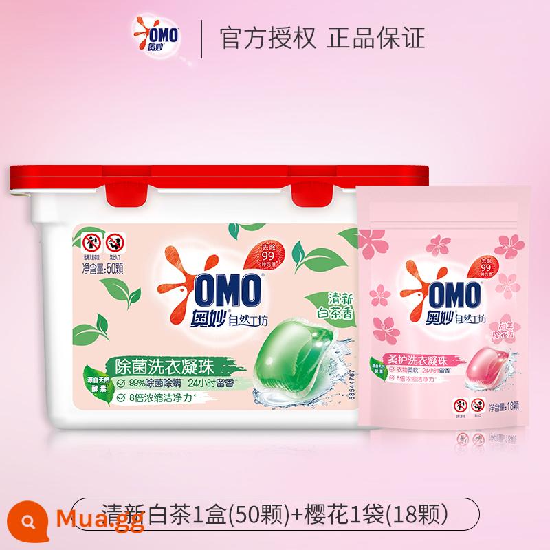 Nước giặt OMO Nước giặt đậm đặc Dew Ball Hương thơm bền lâu, diệt sạch vi khuẩn và ve 3 trong 1 Thương hiệu tích cực Official Flagship Store - 1 hộp trà trắng tươi + 1 túi hoa anh đào (tổng cộng 68 miếng).