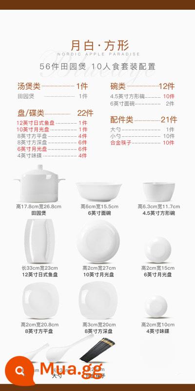 Phong cách Trung Hoa Jingdezhen màu trắng tinh khiết xương bộ đồ ăn Trung Quốc bộ đồ ăn gia dụng tráng men màu bát đĩa sứ hiện đại bát và đũa phong cách Nhật Bản - Hình vuông màu trắng tinh khiết 56 món kèm bộ nồi đồng quê