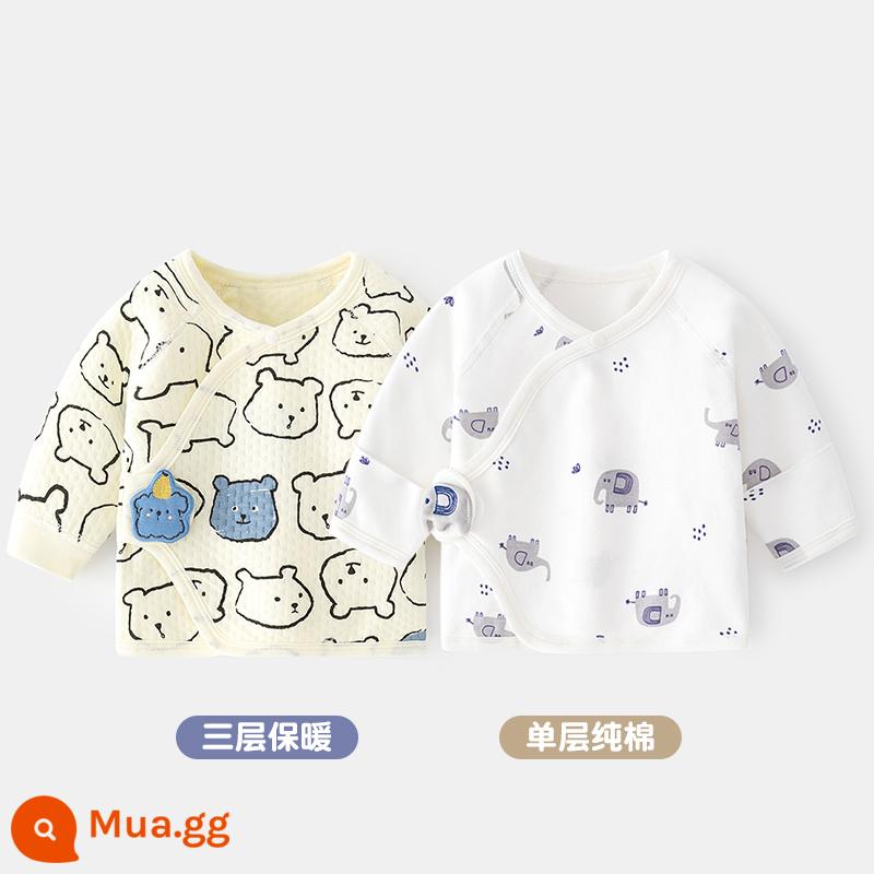 2 quần áo trẻ sơ sinh bé đầu cotton mùa xuân sơ sinh không xương nhà sư quần áo nửa lưng quần áo mùa xuân và mùa thu - Gấu lớn + Voi tai xanh