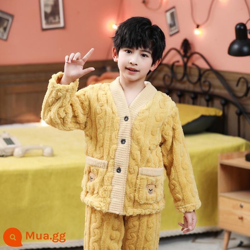 Bộ đồ ngủ lông cừu san hô trẻ em mùa thu đông flannel bé trai và bé gái phục vụ tại nhà phù hợp với bé trung và lớn - FLRBL07 Nhung Nhung Nam Màu Vàng