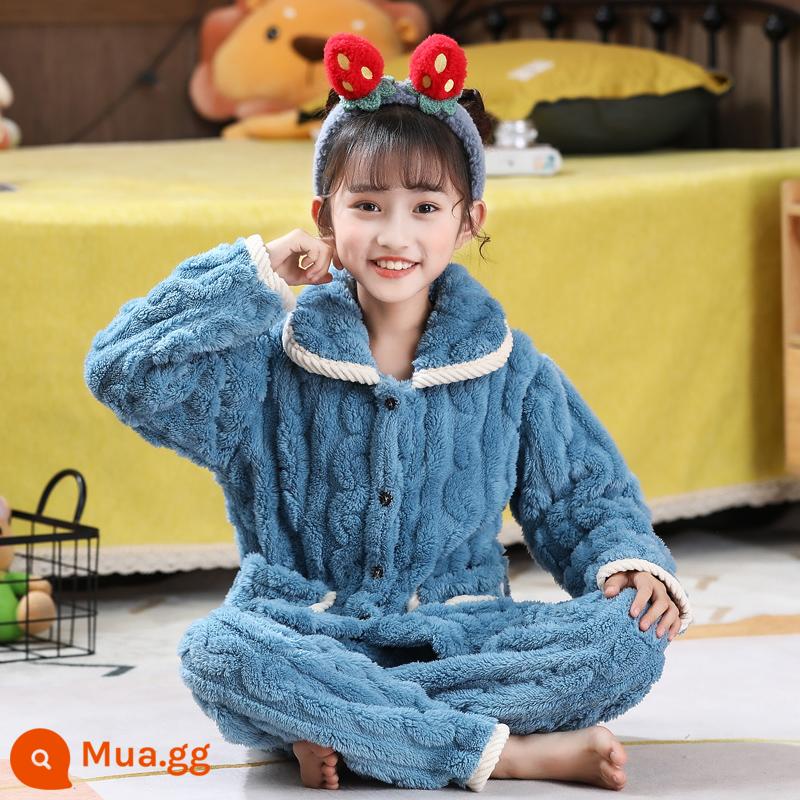 Bộ đồ ngủ lông cừu san hô trẻ em mùa thu đông flannel bé trai và bé gái phục vụ tại nhà phù hợp với bé trung và lớn - Ve áo FLRBL12 màu xanh navy dành cho nữ