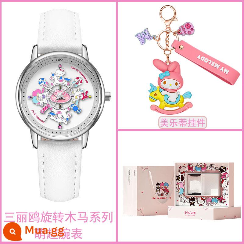 Zhenggang Zgox Sanrio đến để điều hành đồng hồ nữ giới Giáng sinh ánh sáng sang trọng xoay vòng nhỏ Quà tặng sinh viên - [Hộp quà mặt dây chuyền giai điệu] Kiểu thắt lưng 2121 - Vỏ bạc thắt lưng trắng + Móc khóa