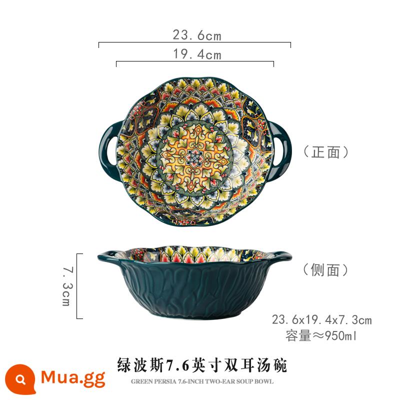 Bohemia Shuangto Soup Bowl Bowl Salad Ceramic Salad Bowl Bowl Bowl Bowling Cao Bàn nổi tiếng Bowlual Ramen Bowl - Bát súp tai đôi 7,6 inch kiểu Ba Tư màu xanh lá cây