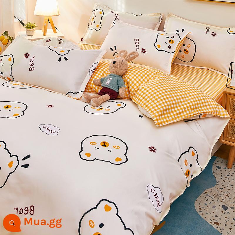 Giặt Cotton 4 Bốn Mùa Đa Năng Vỏ Chăn Ký Túc Xá Sinh Viên Đơn Giường Chần Gòn 3 Bộ Chăn Ga gối Nam - chú gấu hạnh phúc