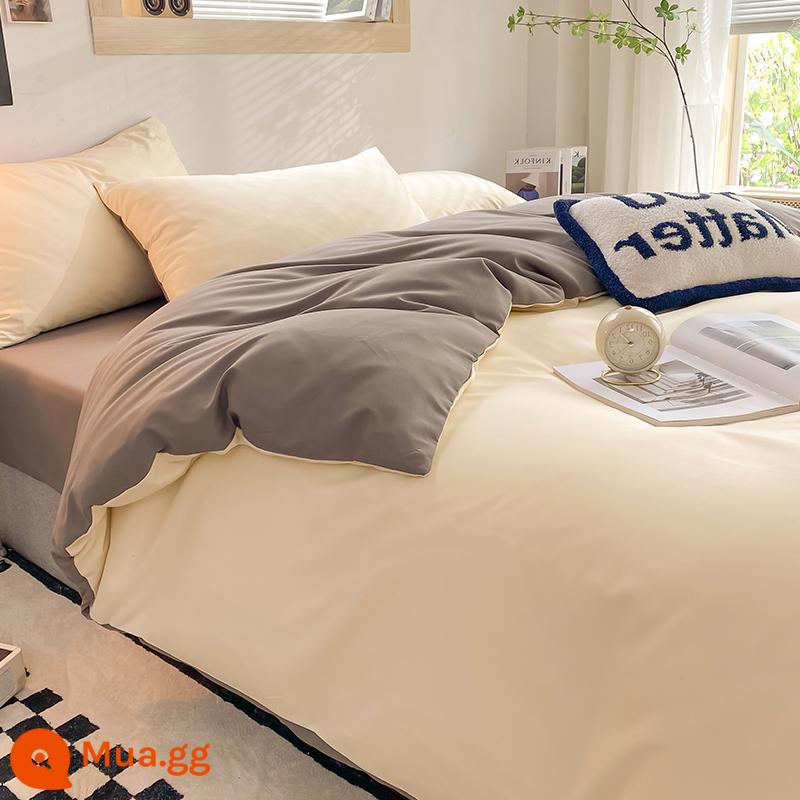 Bộ 4 Bộ Chăn Nước Rửa Sạch Cotton Full Ga Giường Vỏ Chăn Vỏ Chăn Trang Bị Tấm Chăn Ga Gối Chải Ký Túc Xá bộ 3 Bộ Mùa Đông - Sự kết hợp kép - trắng sữa + xám đen [kiểu thân thiện với da và kháng khuẩn]