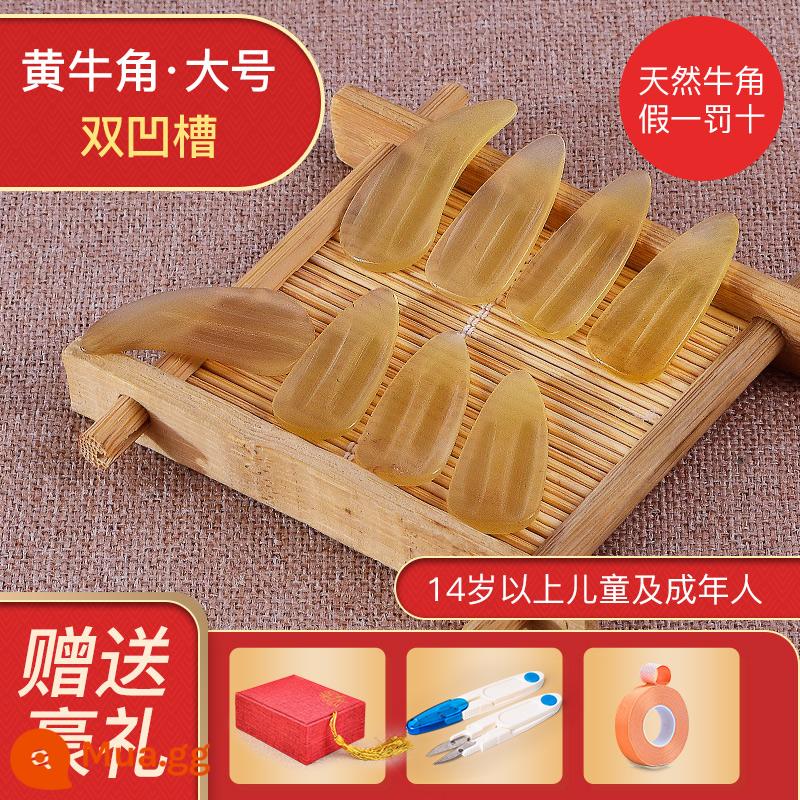 Guzheng Sừng Móng Tay Trẻ Em Người Lớn Hiệu Suất Chuyên Nghiệp Cao Cấp Sừng Tự Nhiên Giáp Rãnh 2 Mặt Vòng Cung Lắc Ngón Tay Hiện Vật - Rãnh đôi sừng bò lớn màu vàng [Hộp lưu trữ miễn phí + Kéo + Băng]