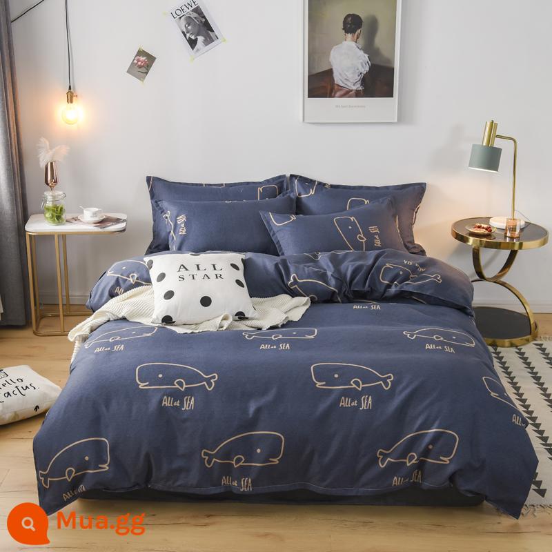 Bộ bốn món bằng cotton 100 tấm trải giường bằng vải cotton nguyên chất Bộ ba món sinh viên ký túc xá bốn mùa bốn mùa chăn ga gối đệm đơn giản thân thiện với da 3 - Dòng chảy biển sâu MSY