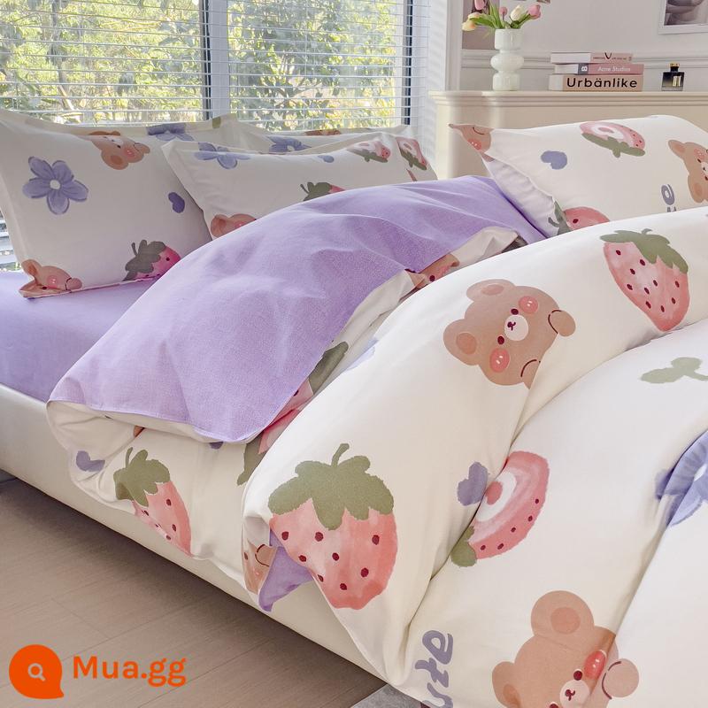 Bộ bốn món bằng cotton 100 tấm trải giường bằng vải cotton nguyên chất Bộ ba món sinh viên ký túc xá bốn mùa bốn mùa chăn ga gối đệm đơn giản thân thiện với da 3 - Gấu hoa MSY