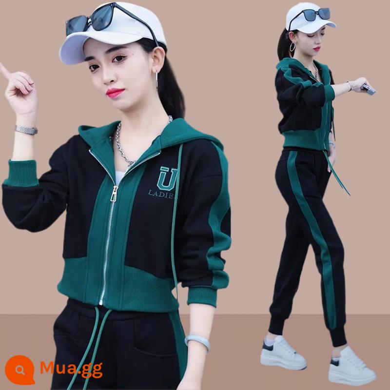 Cotton nguyên chất cộng với nhung dày dặn Bộ đồ thể thao thông thường phù hợp với quần áo nữ mùa thu đông 2022 bộ đồ hai mảnh rộng rãi phù hợp với tất cả các trận đấu - Bộ đồ đen [Phong cách xuân thu]