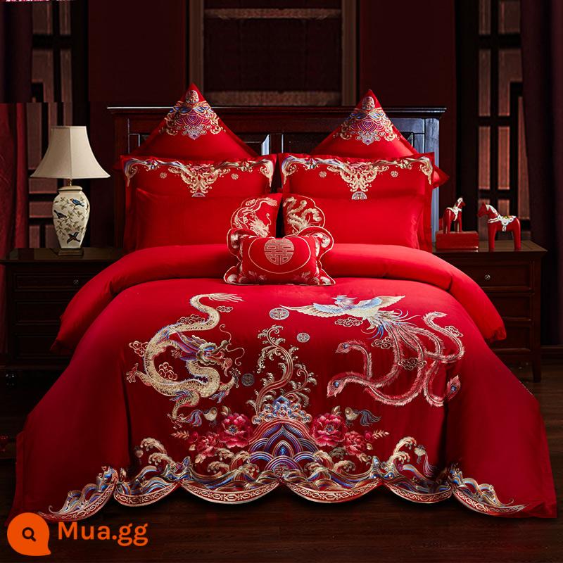 Nanjiren Cotton Wedding Four-piece Group Mới Kết Hôn Cotton Nguyên Chất 100 Ga Trải Giường Vỏ Chăn Lớn Màu Đỏ Phòng Cưới Chăn Ga Gối 4 - Rồng cuộn và phượng xinh đẹp