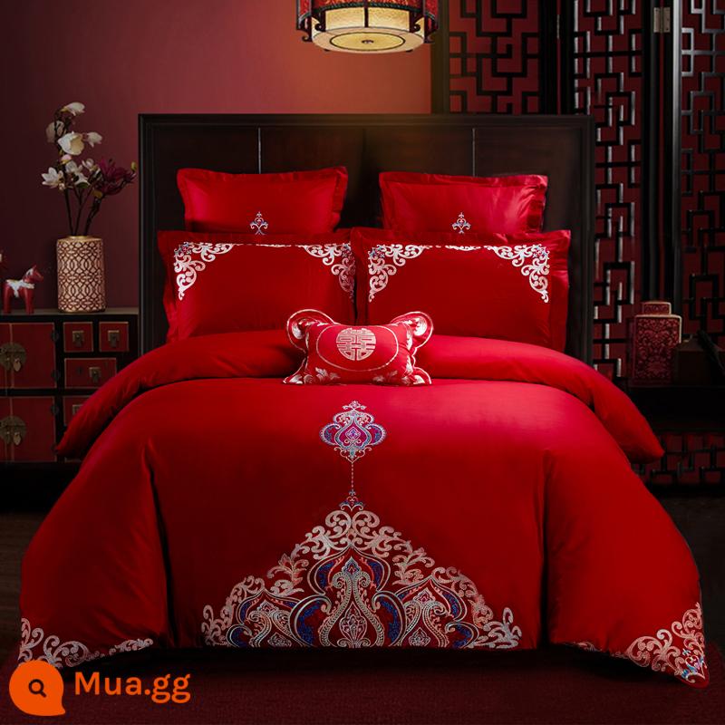 Nanjiren Cotton Wedding Four-piece Group Mới Kết Hôn Cotton Nguyên Chất 100 Ga Trải Giường Vỏ Chăn Lớn Màu Đỏ Phòng Cưới Chăn Ga Gối 4 - Ở bên nhau trăm năm