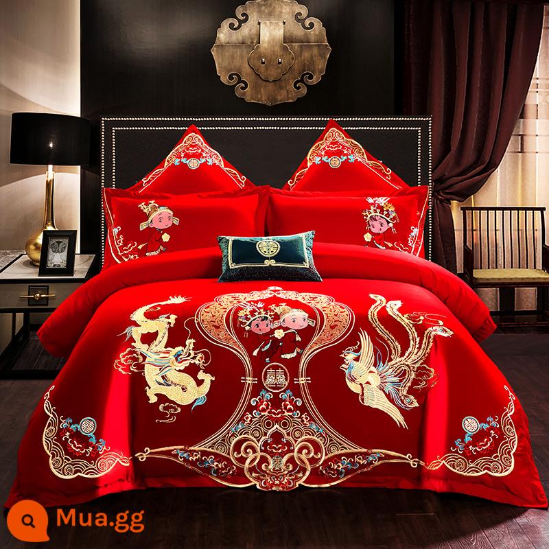 Nanjiren Cotton Wedding Four-piece Group Mới Kết Hôn Cotton Nguyên Chất 100 Ga Trải Giường Vỏ Chăn Lớn Màu Đỏ Phòng Cưới Chăn Ga Gối 4 - cặp đôi mới cưới