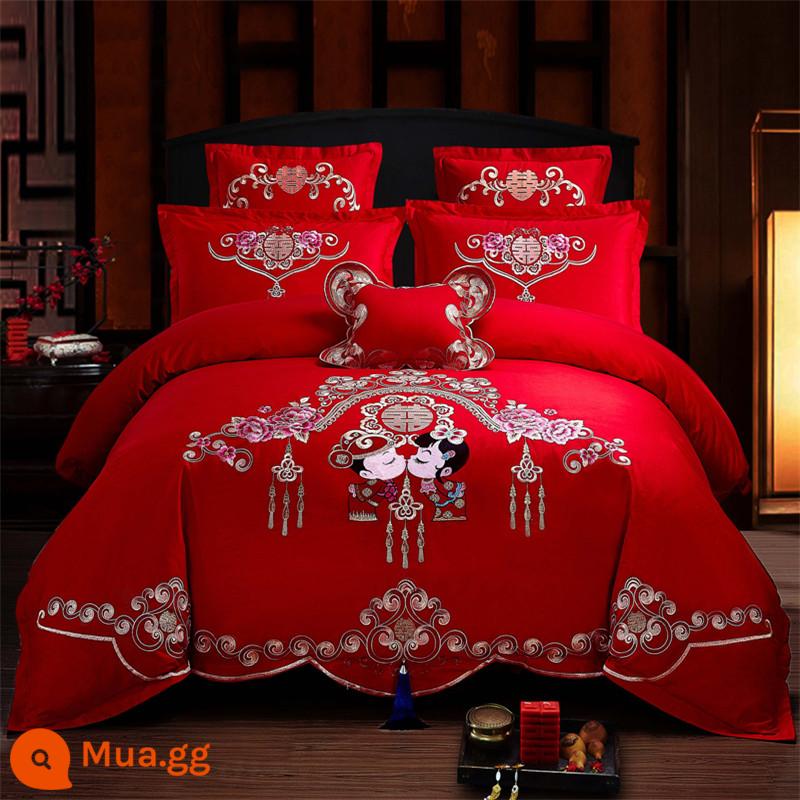 Nanjiren Cotton Wedding Four-piece Group Mới Kết Hôn Cotton Nguyên Chất 100 Ga Trải Giường Vỏ Chăn Lớn Màu Đỏ Phòng Cưới Chăn Ga Gối 4 - Hôn nhân hạnh phúc