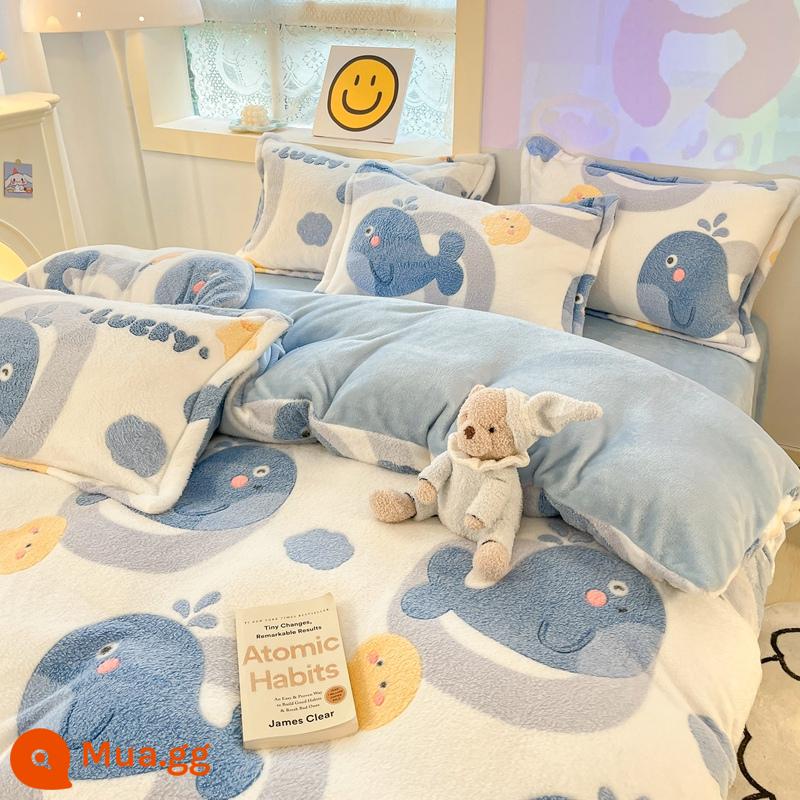 Phim hoạt hình Coral Velvet Bed Sản phẩm bốn tấm mùa đông là bộ của FRANNITE Velvet Warm Sữa Velvet Mùa thu và giường mùa đông - Ocean Whale H [Làm nóng nhanh 3S, thân thiện với da và không tĩnh điện khi ngủ khỏa thân]