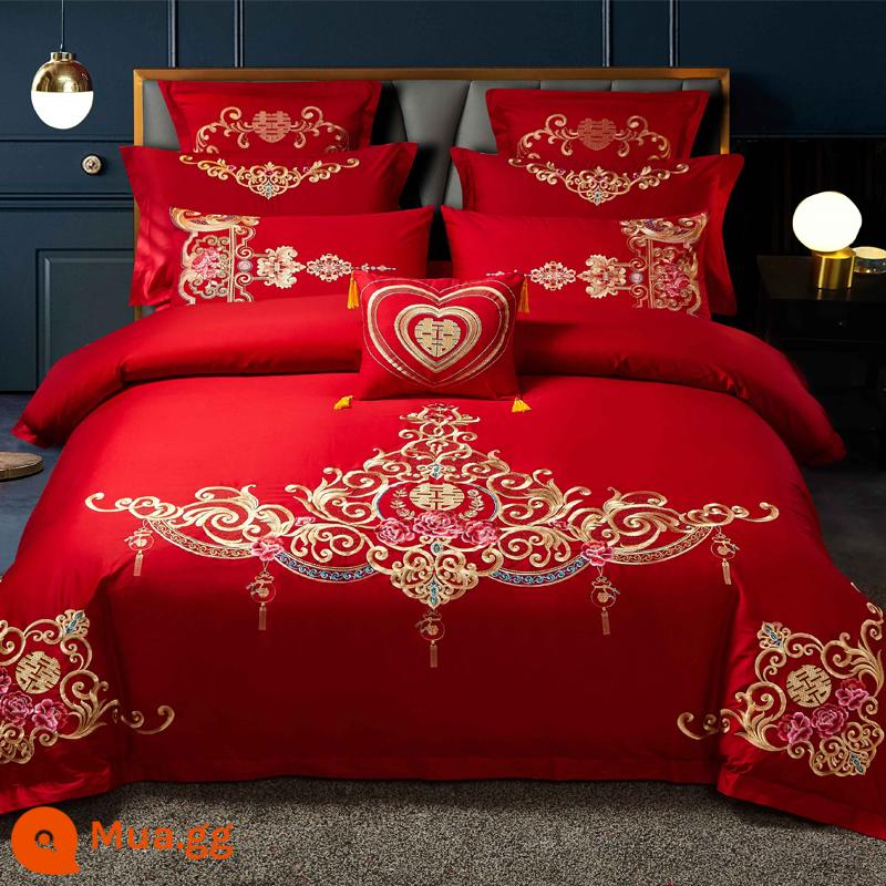 Nanjiren Cotton Wedding Four-piece Group Mới Kết Hôn Cotton Nguyên Chất 100 Ga Trải Giường Vỏ Chăn Lớn Màu Đỏ Phòng Cưới Chăn Ga Gối 4 - Truyền thuyết cổ điển