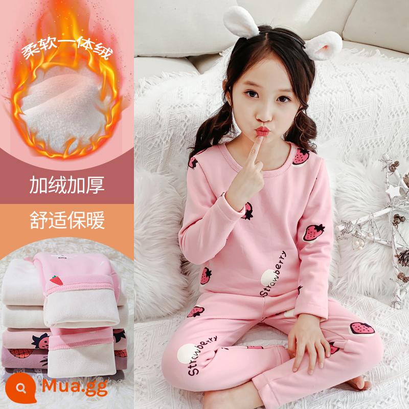 Quần áo thu đông bé gái quần vệ sinh cotton trẻ em giữ nhiệt bộ đồ lót cotton nguyên chất cho trẻ lớn cộng với lông cừu quần áo giữ nhiệt áo len cotton đồ ngủ - D677 hồng dâu plus nhung #6N (nhung liền khối thực sự siêu mềm)