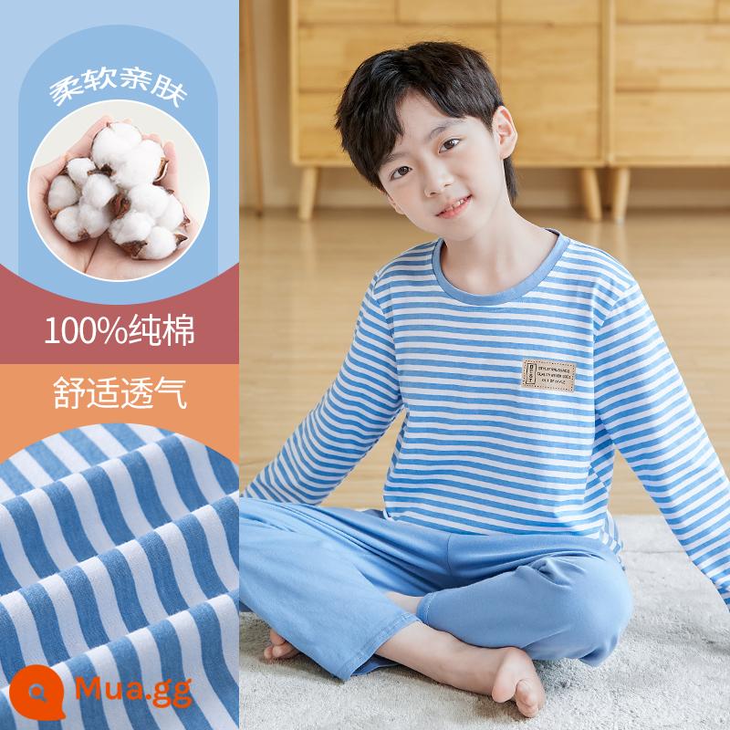 Bộ đồ ngủ trẻ em cotton nguyên chất phong cách mùa hè 2023 cậu bé mới lớn cậu bé mỏng phần mùa hè quần áo điều hòa không khí phù hợp với dịch vụ gia đình - DNY231 sọc xanh #2K (mẫu dài tay)