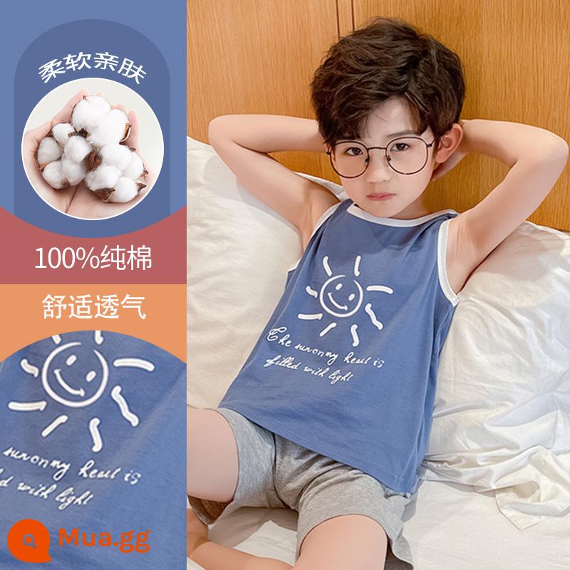 Bộ đồ ngủ trẻ em cotton nguyên chất phong cách mùa hè 2023 cậu bé mới lớn cậu bé mỏng phần mùa hè quần áo điều hòa không khí phù hợp với dịch vụ gia đình - DNY206 xanh #2K (vỏ vest)