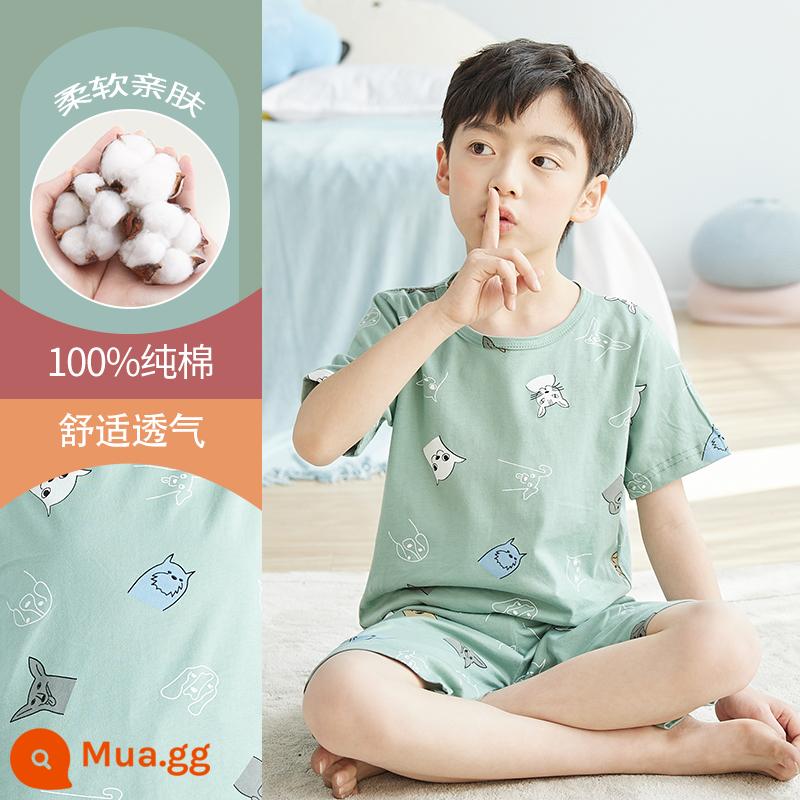 Bộ đồ ngủ trẻ em cotton nguyên chất phong cách mùa hè 2023 cậu bé mới lớn cậu bé mỏng phần mùa hè quần áo điều hòa không khí phù hợp với dịch vụ gia đình - DNY037 Khủng Long Đậu Xanh #2K