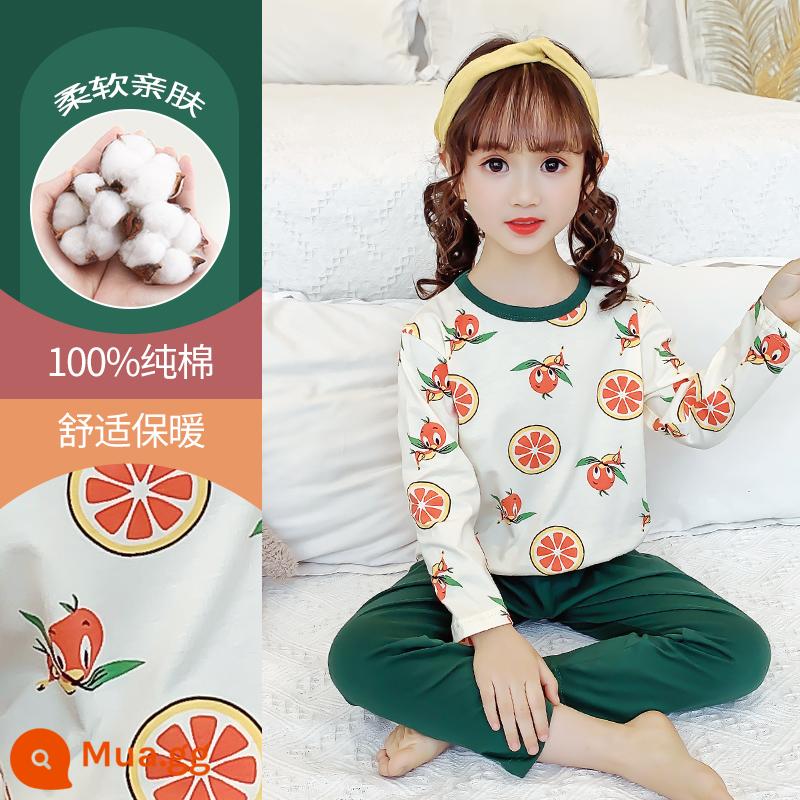 Bộ đồ ngủ bé gái mùa thu đông cotton nguyên chất quần áo dài mặc ở nhà cho trẻ em trung niên trở lên phù hợp với bé gái mùa thu quần áo mùa thu quần vệ sinh - DNY072 bưởi #2K