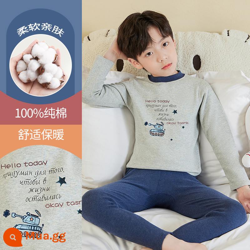 Quần áo mùa thu bé trai, quần vệ sinh, bộ đồ lót giữ nhiệt trẻ em, đồ ngủ cotton nguyên chất, quần áo giữ nhiệt, áo len cotton trẻ em và thanh thiếu niên lớn hơn - DNY397 Xanh navy #5N (loại A cổ giữa)