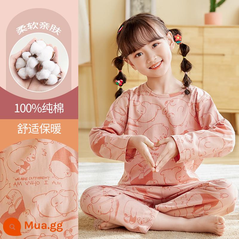 Bộ đồ ngủ trẻ em bé gái cotton nguyên chất mùa xuân và mùa thu 2023 quần áo mùa thu dài tay quần vệ sinh phù hợp với trẻ lớn quần áo mặc nhà mùa đông bé gái - Gấu in DNY295 #2K