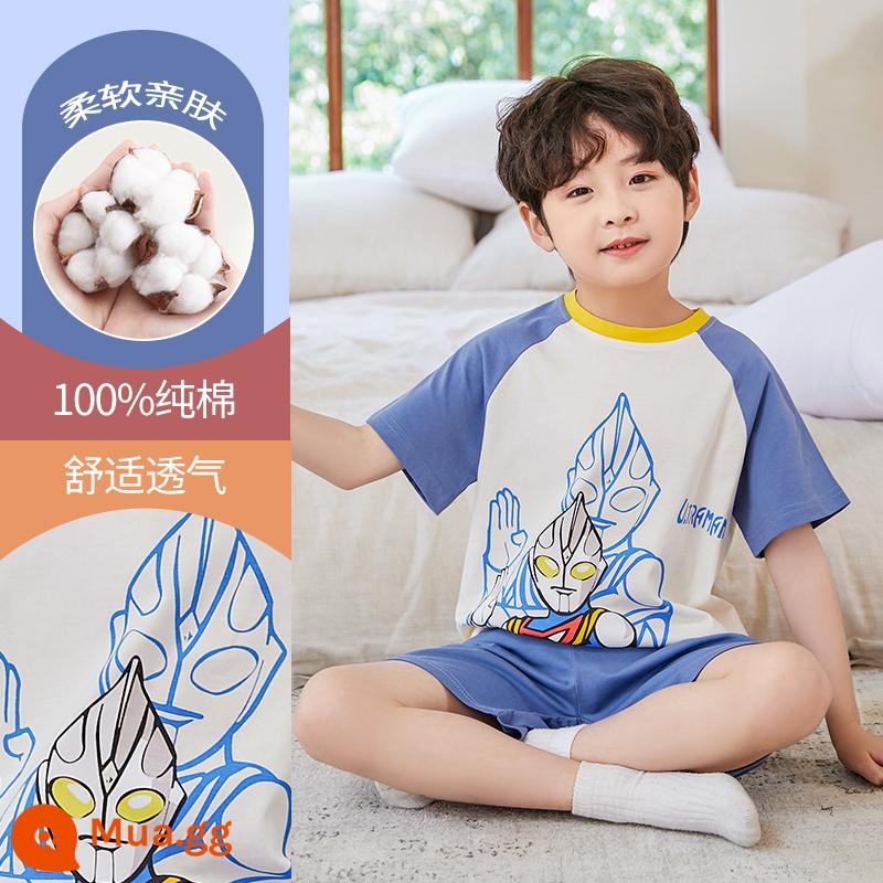 Bộ đồ ngủ trẻ em cotton nguyên chất phong cách mùa hè 2023 cậu bé mới lớn cậu bé mỏng phần mùa hè quần áo điều hòa không khí phù hợp với dịch vụ gia đình - DNY592 xanh #2K