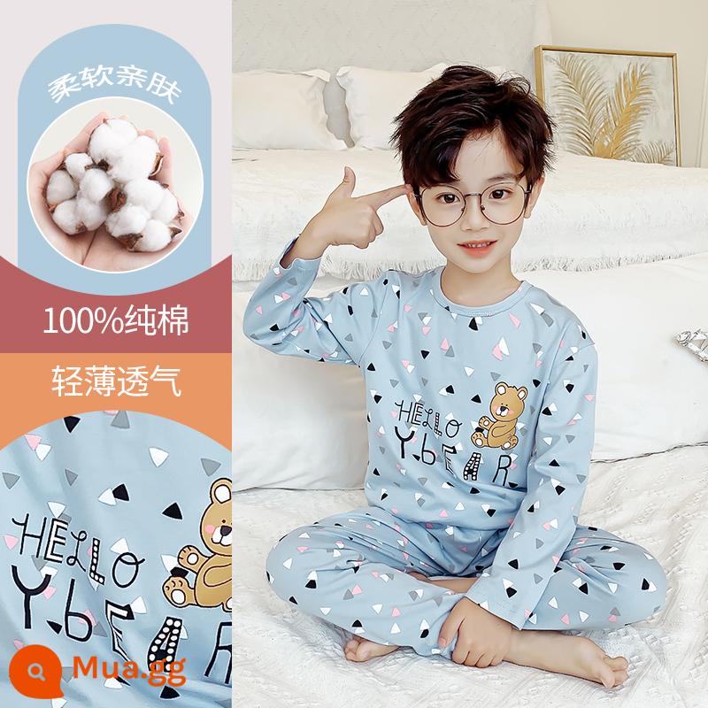 Mùa xuân và mùa thu 2023 quần áo trẻ em ở nhà mới cho bé cotton mùa hè bộ đồ ngủ dài tay bé trai trung và lớn phù hợp với trẻ em - DNY056 gấu xanh nhạt #2K