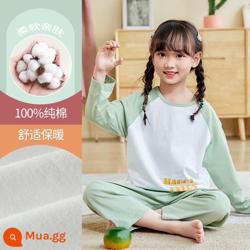 Bộ đồ ngủ bé gái mùa thu đông cotton nguyên chất quần áo dài mặc ở nhà cho trẻ em trung niên trở lên phù hợp với bé gái mùa thu quần áo mùa thu quần vệ sinh - DNY297 Đậu Xanh#2K