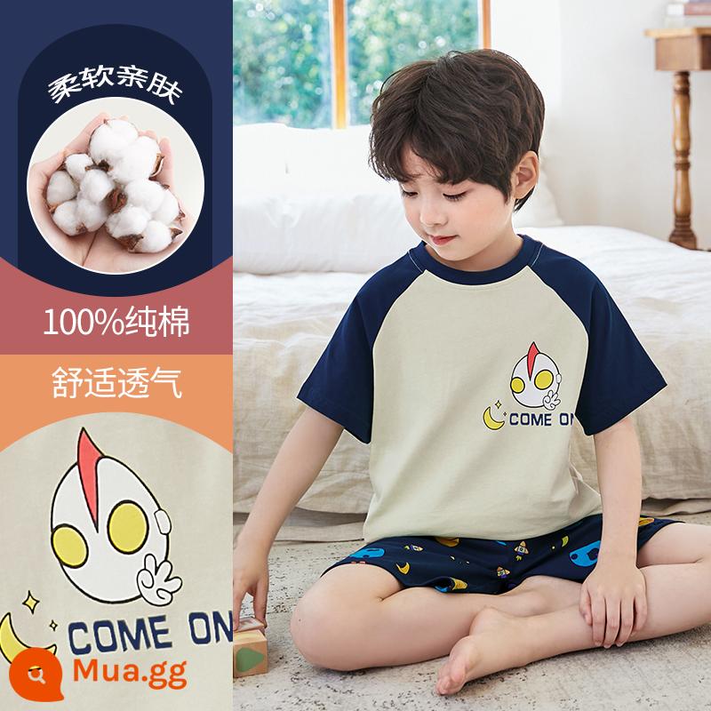 Bộ đồ ngủ trẻ em cotton nguyên chất phong cách mùa hè 2023 cậu bé mới lớn cậu bé mỏng phần mùa hè quần áo điều hòa không khí phù hợp với dịch vụ gia đình - DNY591 xanh #2K