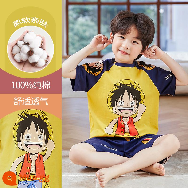 Bộ đồ ngủ trẻ em cotton nguyên chất phong cách mùa hè 2023 cậu bé mới lớn cậu bé mỏng phần mùa hè quần áo điều hòa không khí phù hợp với dịch vụ gia đình - DNY571 vàng xanh #2K