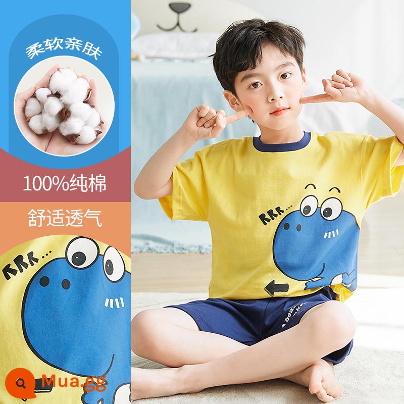 Bộ đồ ngủ trẻ em cotton nguyên chất phong cách mùa hè 2023 cậu bé mới lớn cậu bé mỏng phần mùa hè quần áo điều hòa không khí phù hợp với dịch vụ gia đình - DNY332 Khủng Long Xanh #2K