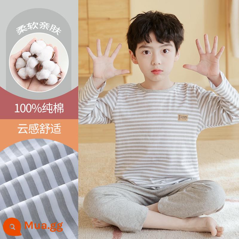 Bộ đồ ngủ trẻ em cotton nguyên chất phong cách mùa hè 2023 cậu bé mới lớn cậu bé mỏng phần mùa hè quần áo điều hòa không khí phù hợp với dịch vụ gia đình - DNY231 sọc #2K (mẫu dài tay)