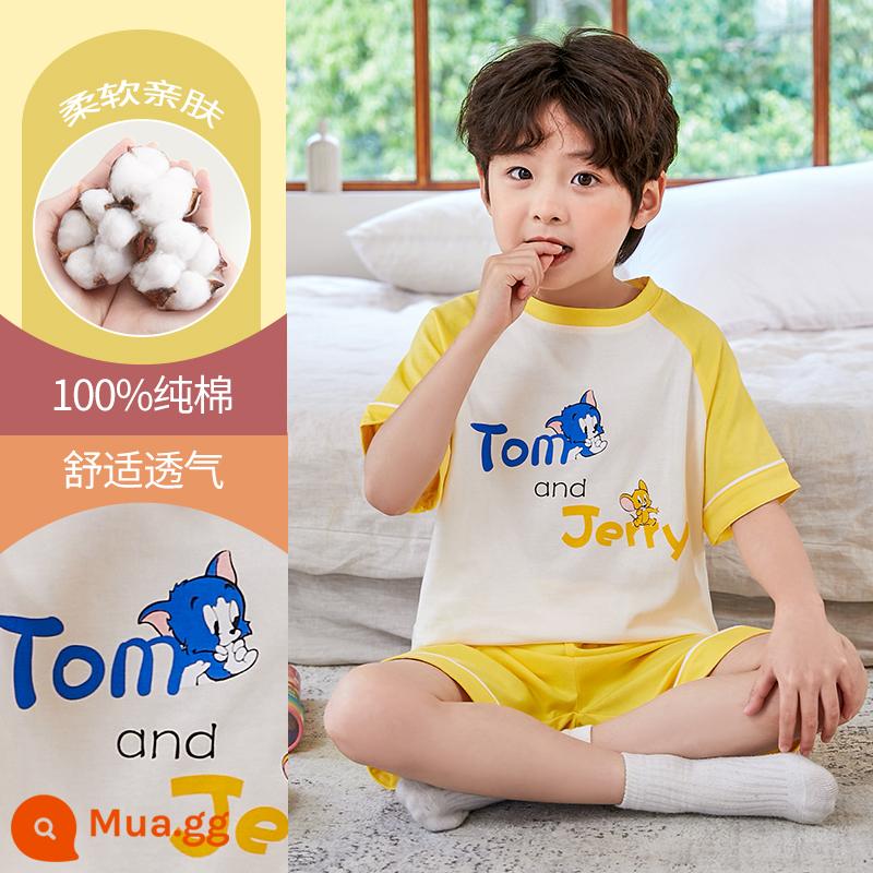 Bộ đồ ngủ trẻ em cotton nguyên chất phong cách mùa hè 2023 cậu bé mới lớn cậu bé mỏng phần mùa hè quần áo điều hòa không khí phù hợp với dịch vụ gia đình - DNY587vàng#2K