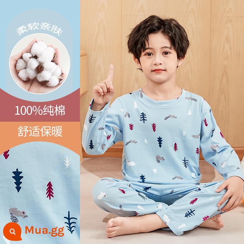 Mùa xuân và mùa thu 2023 quần áo trẻ em ở nhà mới cho bé cotton mùa hè bộ đồ ngủ dài tay bé trai trung và lớn phù hợp với trẻ em - DNY265 Little Tree Rabbit Blue Light #2K