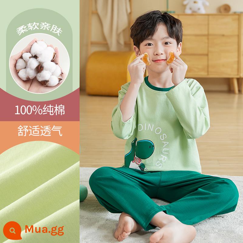 Mùa xuân và mùa thu 2023 quần áo trẻ em ở nhà mới cho bé cotton mùa hè bộ đồ ngủ dài tay bé trai trung và lớn phù hợp với trẻ em - DNY381 Khủng Long Xanh #2K