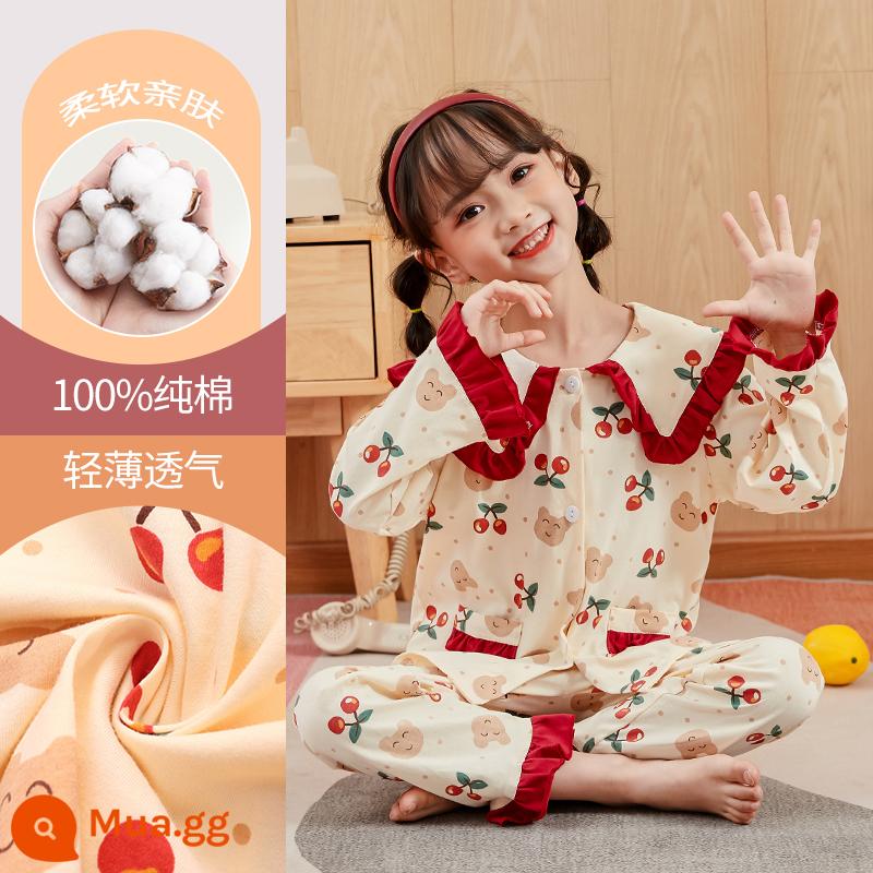 Bộ đồ ngủ bé gái mùa thu đông cotton nguyên chất quần áo dài mặc ở nhà cho trẻ em trung niên trở lên phù hợp với bé gái mùa thu quần áo mùa thu quần vệ sinh - DNY257 màu be #2K