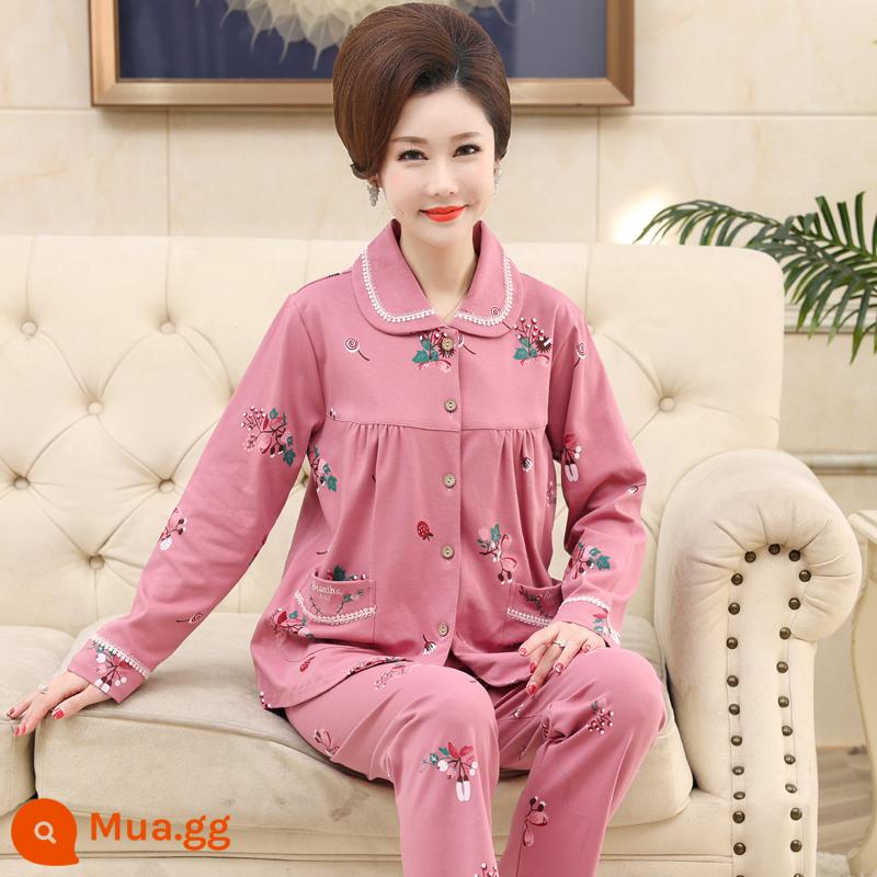 Bộ đồ ngủ cho bà mẹ trung niên và người cao tuổi mùa xuân và mùa thu cotton nguyên chất dài tay kích thước lớn phần mỏng phục vụ tại nhà bộ đồ nữ mùa thu đông - đỏ 9976