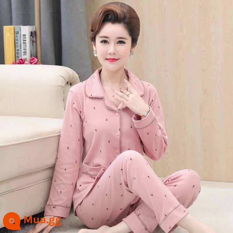 Bộ đồ ngủ cho bà mẹ trung niên và người cao tuổi mùa xuân và mùa thu cotton nguyên chất dài tay kích thước lớn phần mỏng phục vụ tại nhà bộ đồ nữ mùa thu đông - 853