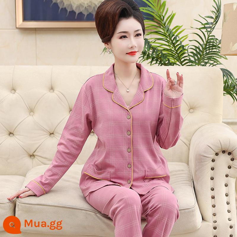 Bộ đồ ngủ cho bà mẹ trung niên và người cao tuổi mùa xuân và mùa thu cotton nguyên chất dài tay kích thước lớn phần mỏng phục vụ tại nhà bộ đồ nữ mùa thu đông - Hồng 9994