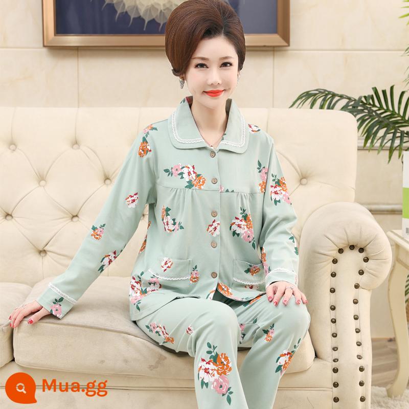 Bộ đồ ngủ cho bà mẹ trung niên và người cao tuổi mùa xuân và mùa thu cotton nguyên chất dài tay kích thước lớn phần mỏng phục vụ tại nhà bộ đồ nữ mùa thu đông - 9962