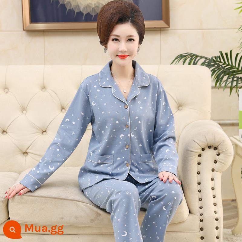 Bộ đồ ngủ cho bà mẹ trung niên và người cao tuổi mùa xuân và mùa thu cotton nguyên chất dài tay kích thước lớn phần mỏng phục vụ tại nhà bộ đồ nữ mùa thu đông - Hồ xanh 2800