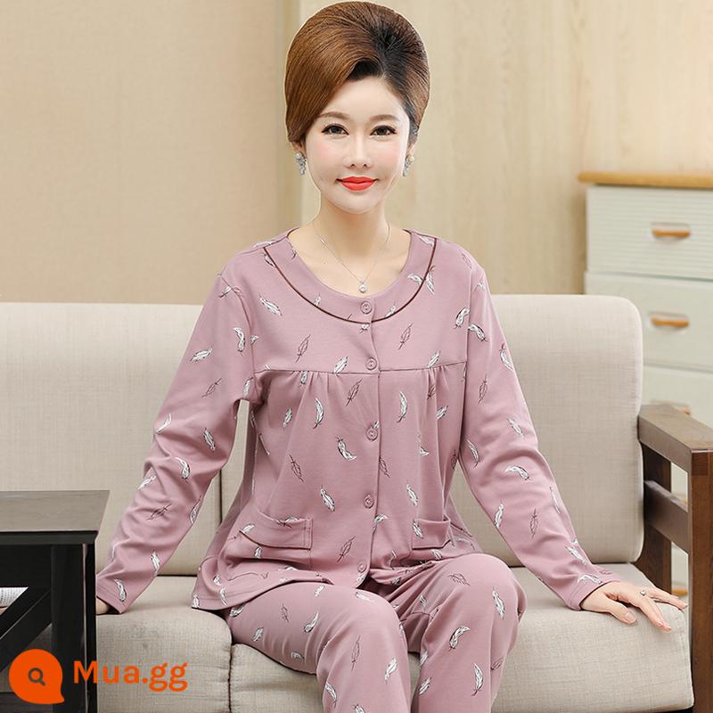 Bộ đồ ngủ cho bà mẹ trung niên và người cao tuổi mùa xuân và mùa thu cotton nguyên chất dài tay kích thước lớn phần mỏng phục vụ tại nhà bộ đồ nữ mùa thu đông - 10382