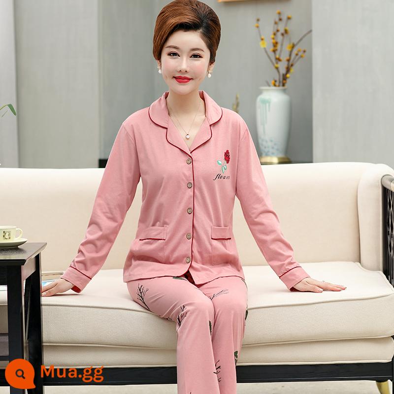 Bộ đồ ngủ cho bà mẹ trung niên và người cao tuổi mùa xuân và mùa thu cotton nguyên chất dài tay kích thước lớn phần mỏng phục vụ tại nhà bộ đồ nữ mùa thu đông - T8828 nâu nhạt