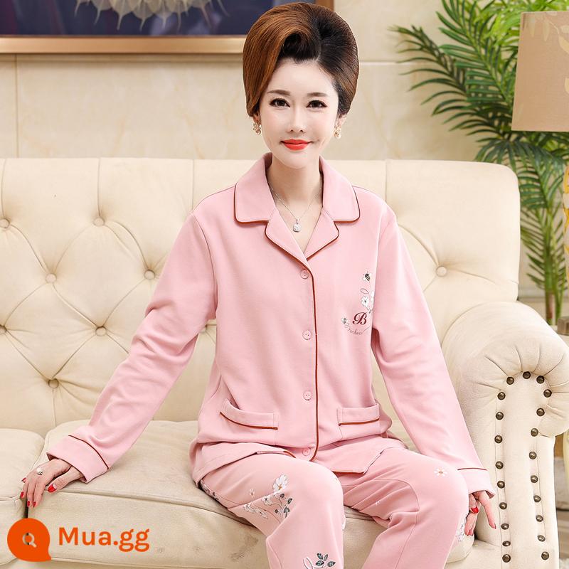 Bộ đồ ngủ cho bà mẹ trung niên và người cao tuổi mùa xuân và mùa thu cotton nguyên chất dài tay kích thước lớn phần mỏng phục vụ tại nhà bộ đồ nữ mùa thu đông - 9923