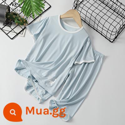 Áo Vest Trẻ Em Phù Hợp Với Phần Mỏng Phương Thức Nhà Bé Trai Không Tay Điều Hòa Quần Áo Bé Băng Lụa Bộ Đồ Ngủ Bé Trai Mùa Hè - Bộ đồ ngắn tay màu xanh nhạt